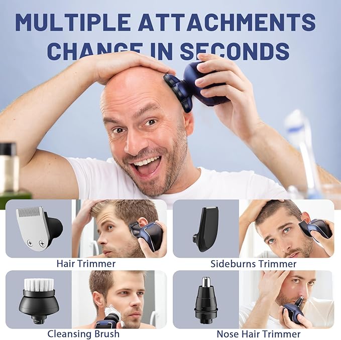 Head Shavers for Bald Men: 5-in-1 Electric Razor - Waterproof Wet Dry Shaving - Professional Grooming Kit for Balder - Rechargeable Head Shavers Valentine's Day Gifts (Ink Blue)