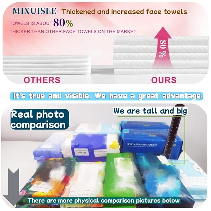 Disposable face towels, MIXUISEE thick and soft face towels. 100% pure cotton, super thick 130%. Suitable for makeup removal and cleansing, and applicable to sensitive skin. (100 pieces)