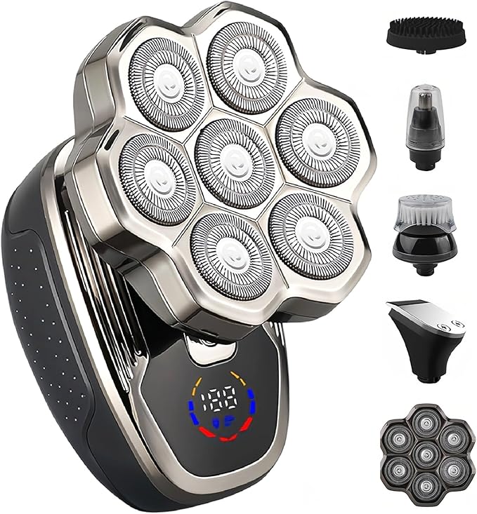 5 in 1 Head Shavers for Bald Men, 7D Skull Head Shaver with Rechargeable Battery, Electric Razor, Hair Clippers, Nose Hair Trimmer, Cleaning Brush, Hair Manager, Idea Gift for Men(Silver)