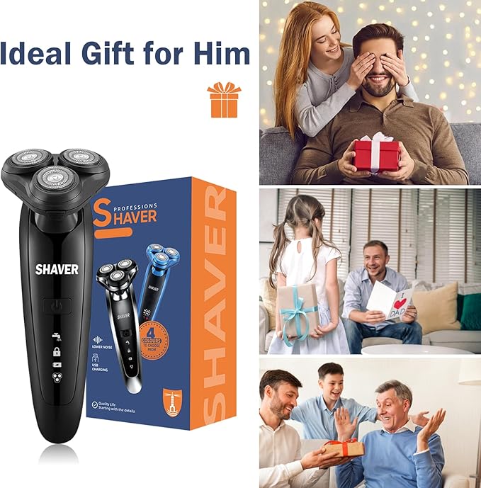 Electric Razor for Men - Rechargeable Shaver 3D Precision Blades with Pop-up Trimmer - Rotary Cordless Shavers Washable Gentle on Sensitive Skin for Beard Sideburn Face with Travel Lock Men Gift