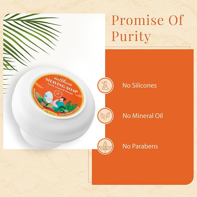 Satthwa Organic Shaving Soap Puck infused with Neroli, Lemon & Orange | Create the Perfect Lather | Excellent for Silky Smooth Shaves | Hydrates and Shields, 50g (1.7oz)