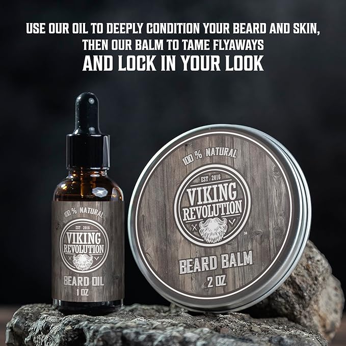 Viking Revolution Ultimate Conditioner for Men's Beard Grooming - Softens, Smoothes and Soothes Beard Itch- Contains Wash, Conditioner, Beard Oil, Balm and Comb- Classic Set