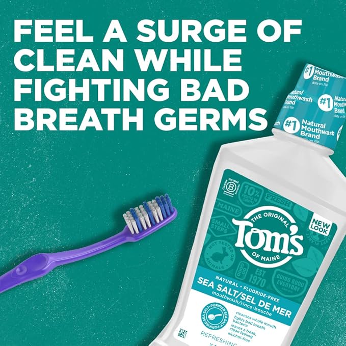 Tom's of Maine Sea Salt Natural Alcohol-Free Mouthwash, Refreshing Mint, 16 Fl Oz (Pack of 3)
