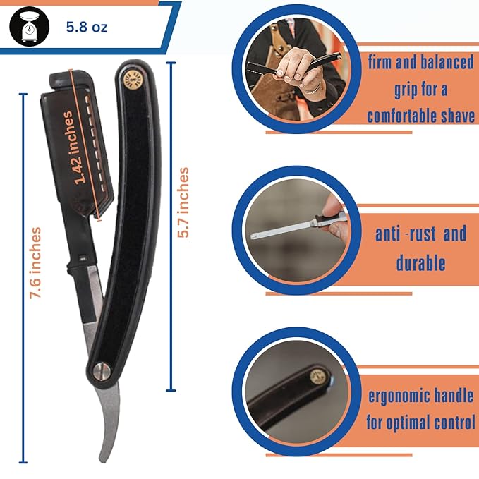 Homie Patented Straight Edge Razors for Men, Close Shaving Razor for Beard with 11 Disposable Blades, Easy to Use and Replace Single Edge Razor Blades with Protective Layer & Safety Lock -Barber Black