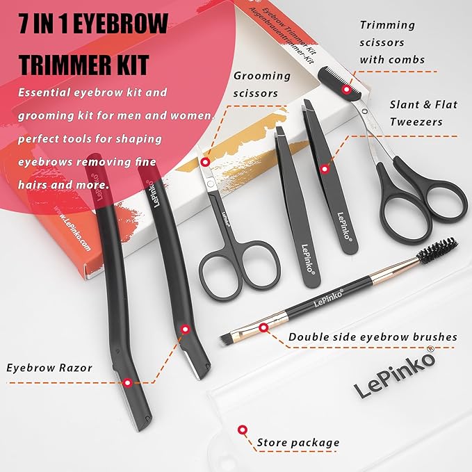 LePinko Eyebrow Trimmer Kit, 7 in 1 Eyebrow Scissors, Tweezer, Razor, Gromming Scissors Brush for Women Men, Gifts for Stocking Stuffers - Black