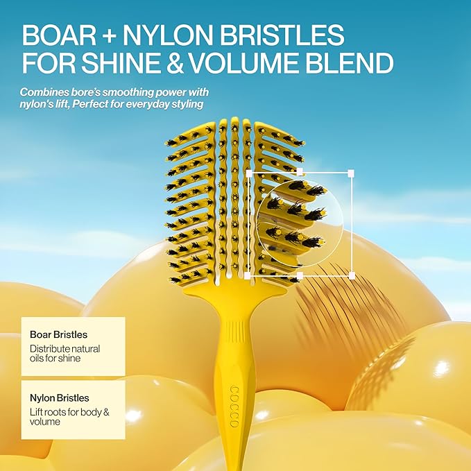 COCCO Aura Vent Boar Brush | Vented Dual-Curved Design for Faster Drying, Effortless Detangling & Shine, Boar + Nylon Bristles, Ergonomic Comfort Handle for Wet & Dry Hair Styling - Yellow