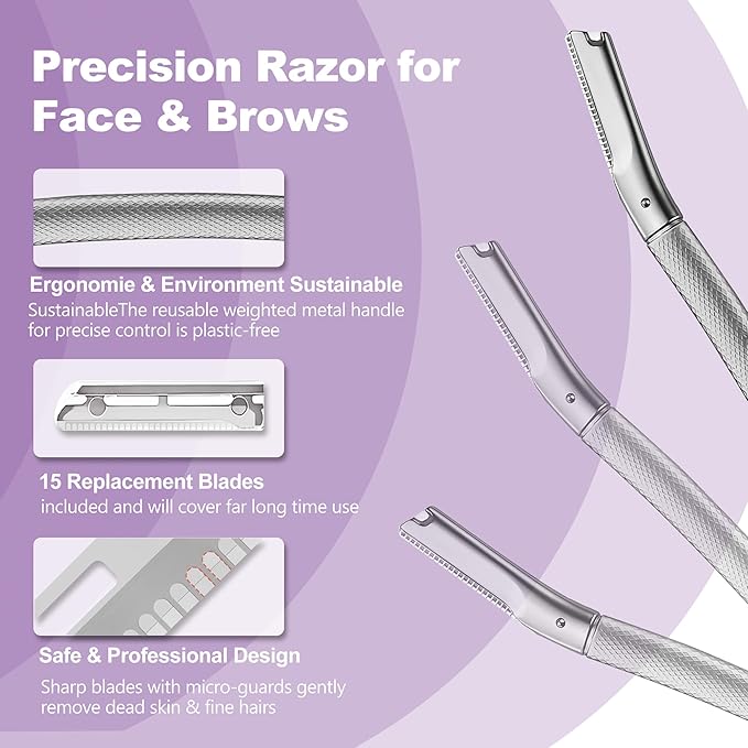 Eyebrow Razor with 16 Blades, Metal Razors for Women and Men,Dermaplane Razor for Women Face, Facial Hair Removal for & Eyebrow Hair Removal (Silver)