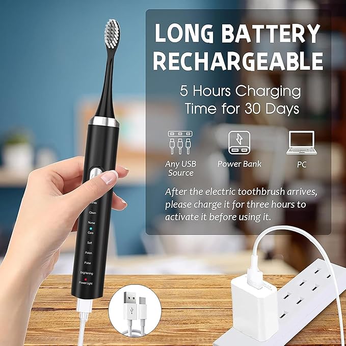 Electric Toothbrush for Adults,Rechargeable Deep Clean Toothbrush with 4 Replacement Heads,8 Modes with 2 Minutes Built in Smart Timer,Battery Toothbrush for Kids Adults Men Women