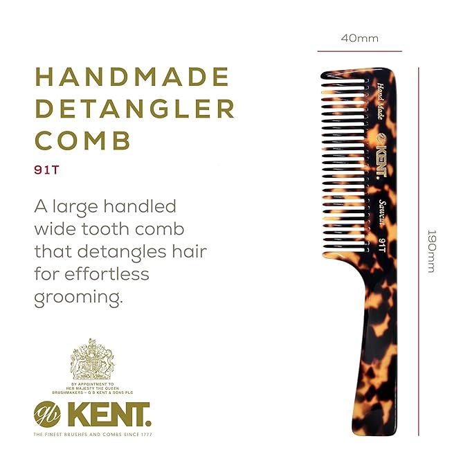 Kent 91T TY Detangler Comb for Women - Wide Tooth Hair Comb for Curly and Wavy Hair, Wet Hair Comb, Large Handle Shower Comb for Effective Detangling