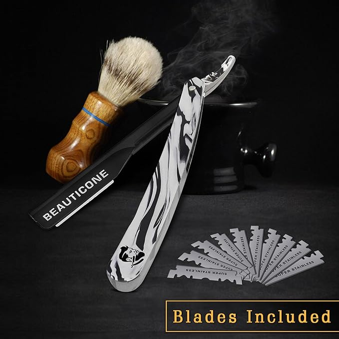 BEAUTICONE® Straight Razors for Men – Professional Barber Straight Edge Razor Kit with Replaceable Single Edge Blades - Navajas Para Barbero - Pouch Gift Box 1.2 mm Exposed for Close Shave Ultra Light