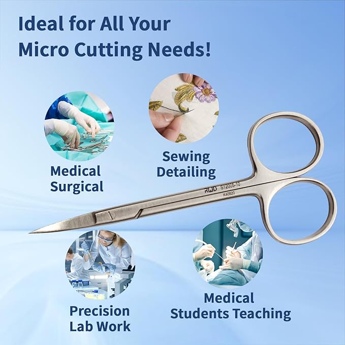 RWD IRIS-Fine Micro Scissors, 4.2 Inch Sharp Tip Straight Iris Medical Scissors, Martensitic Stainless Steel Surgical Scissor, Precision Cutting for Surgical, Dental & Lab, S12005-10