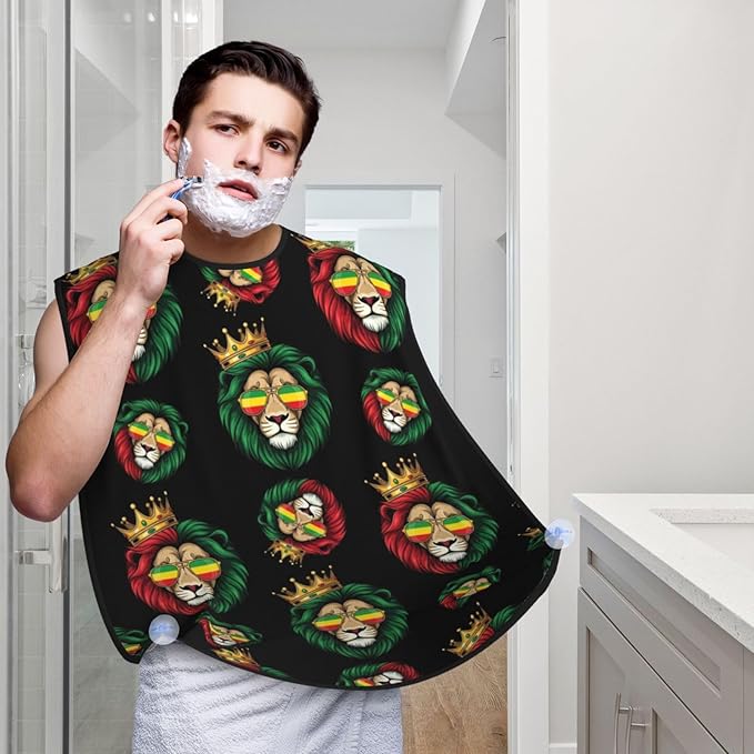 Beard Apron Hair Catcher, Reggae King Rasta Flag Lion Black Shave Bib, Waterproof Non-Stick Shaving Bib, Trimming Grooming Tool for Dad Men Anniversary