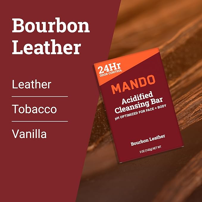 Mando 4-in-1 Acidified Cleansing Bar - 24-Hour Odor Control - Moisturizing Formula - Formulated without SLS and Parabens - Safe For Sensitive Skin - 5 ounces (Pack of 2) - Bourbon Leather & Mt Fuji