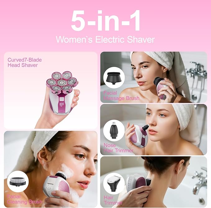 7D Head Shavers for Bald Men,Electric shavers for Men with LED Display, Head Shavers for Men Wet&Dry, Professional 5-in-1 Electric Head Shaver Grooming Kit for Hair/Face/Beard（Pink）