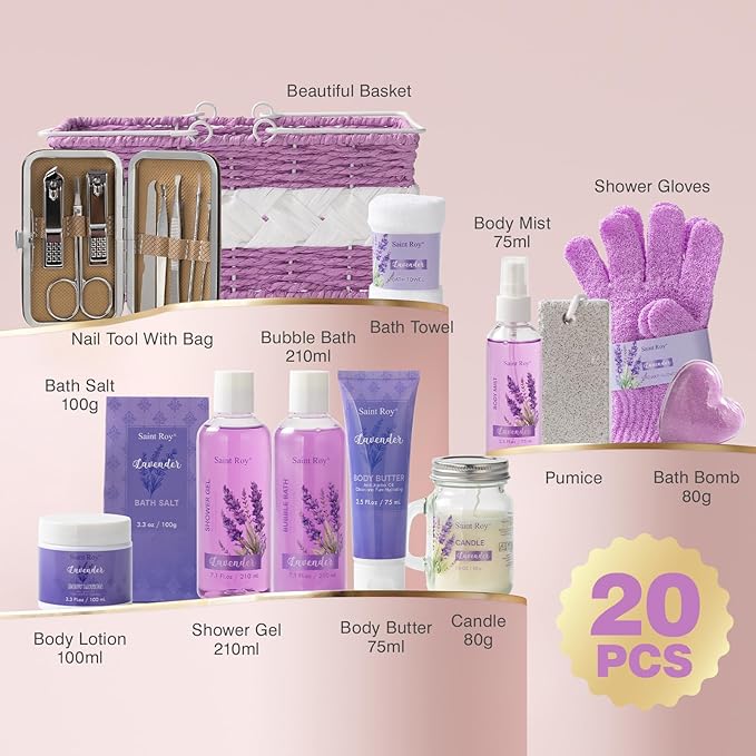 Large Spa kit for women gift set, 20 PCS Spa Gift Baskets Christmas Gifts for Women Bath Kit with Lavender gifts spa gift set Basket, Luxury Self Care Home Spa Kit Lavender Bath Gift Basket