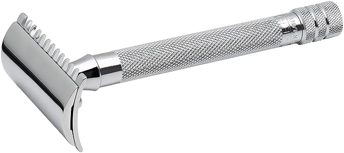 MERKUR 25C Double Edge Safety Razor in Bright Chrome with an Open Comb Design, Long Handle, Made in Germany, Plastic-Free, Three-Piece Design, and Straight Bar