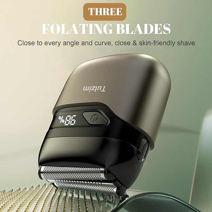 Tulzim Electric Foil Shaver for Men: Cordless Electric Razor for Face & Beard - 3 Floating Blades, 100-Min Runtime, USB-C Fast Charge, IPX7 Waterproof for Travel,Matte Brown