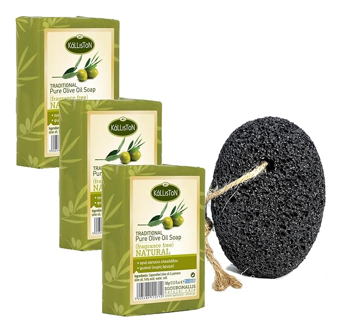 Kalliston, Natural Olive Oil Soaps with Pumice Stone, unscented, hypoallergenic, all natural, product of Greece, pack of 4