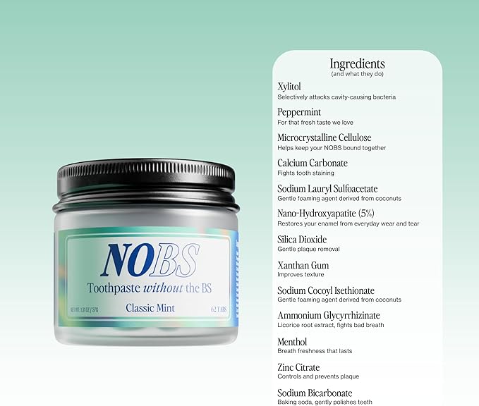 NOBS (No Bad Stuff) Toothpaste Tablets - Nano Hydroxyapatite, Fluoride & Plastic Free, Eco & Travel Friendly - Remineralize with NHA (1 Month) (Pack of 2)