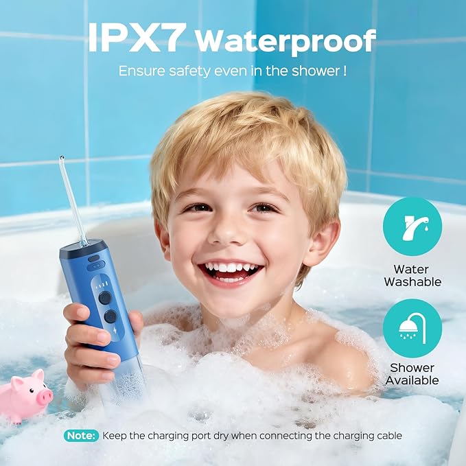 COSLUS Portable Water Flosser for Kids: 4 Gentle Modes for Ages 6+, Braces & Sensitive Teeth - with Fun DIY Stickers, 4 Storable Nozzles, Mini Compact for Home School & Travel Use, BPA-Free, Blue