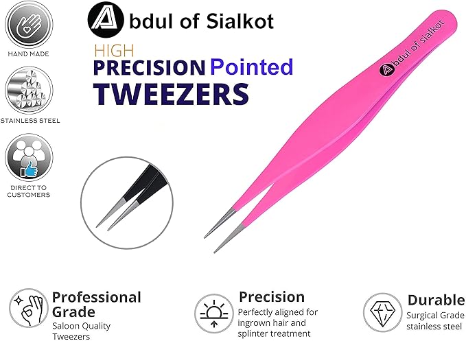 Pointed Tweezers,Needle Nose Tip, Sharp Precision Ingrown Hair, Surgical Pointed for Blackheads & Splinters/Best Tweezers for Eyebrows (Pink)