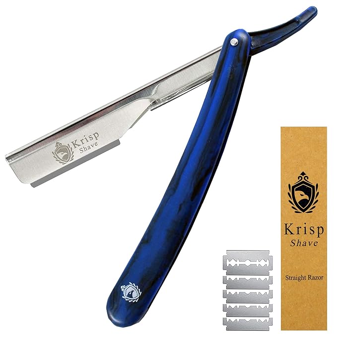Professional Straight Razors For Men 2mm Exposed Blade Straight Edge Barber Razor Kit For Close Shaving - Beard Navajas Para Barbero Shavette 10 Shaving Blades By Krisp Beauty (Blue Marble Design)