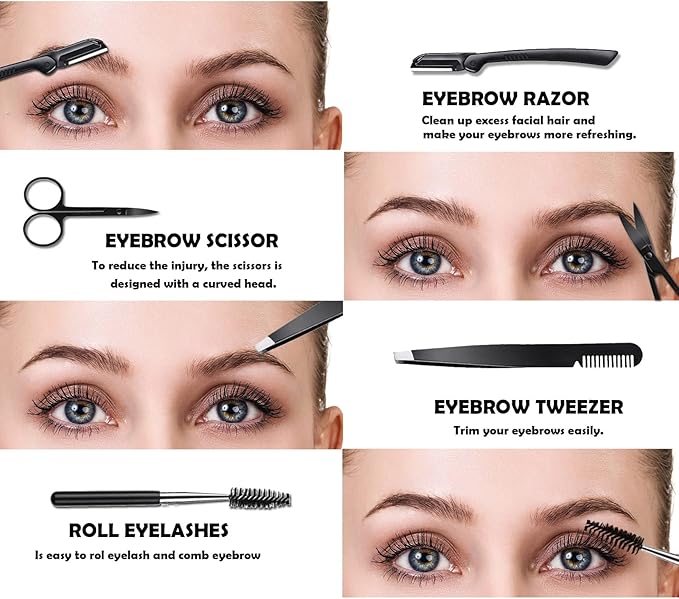 Eyebrow Razor Kit, 4 in 1 Professional Eyebrow Grooming Set for Women and Men, Including Eyebrow Razor Trimmer, Tweezer, Scissor, Eyelashes Roller, Storage Bag