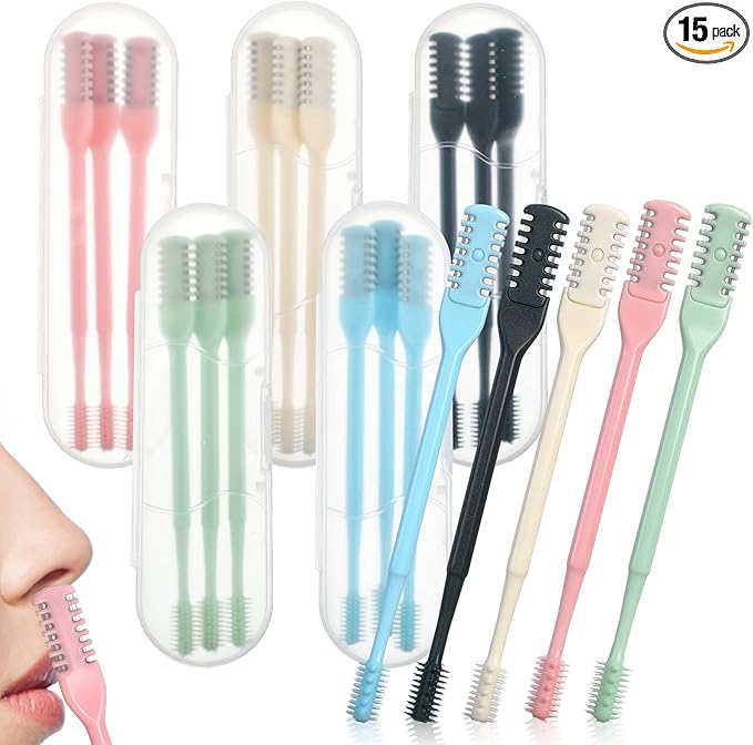 15 Pcs 2-in-1 Nasal Hair Cutter Travel Double Sided Nose Hair Trimmer for Women Men Portable 360 Rotating Manual Nose Nasal Knife Soft Cleaning Brush with 5 Box Travel Package Multicolor