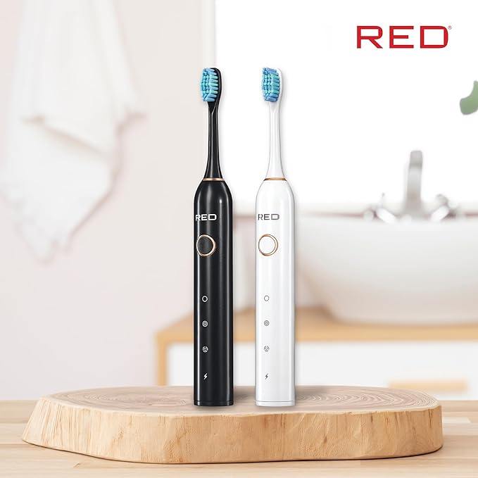 Red by Kiss Hypersonic Ultra Powerful Electric Toothbrush – 3 Cleaning Modes, Gum Care Protection, 75-Day Battery, USB-C Fast Charging, Waterproof IP67, with Extra Brush Head Set (Black)