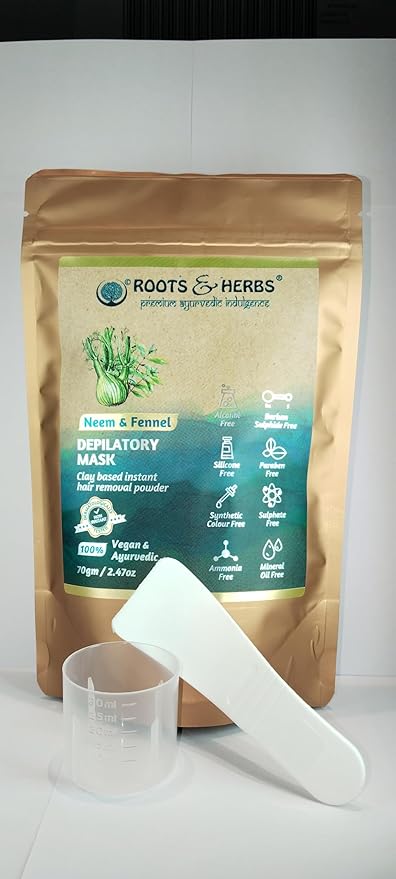 Neem & Fennel Hair Intimate Bikini Hair Removal for Women’s & Men’s Legs, Underarm, & Chest,- Depilatory Powder Body Hair Remover with Ayurvedic Herbs for All Skin Types - Roots and Herbs, 2.47oz