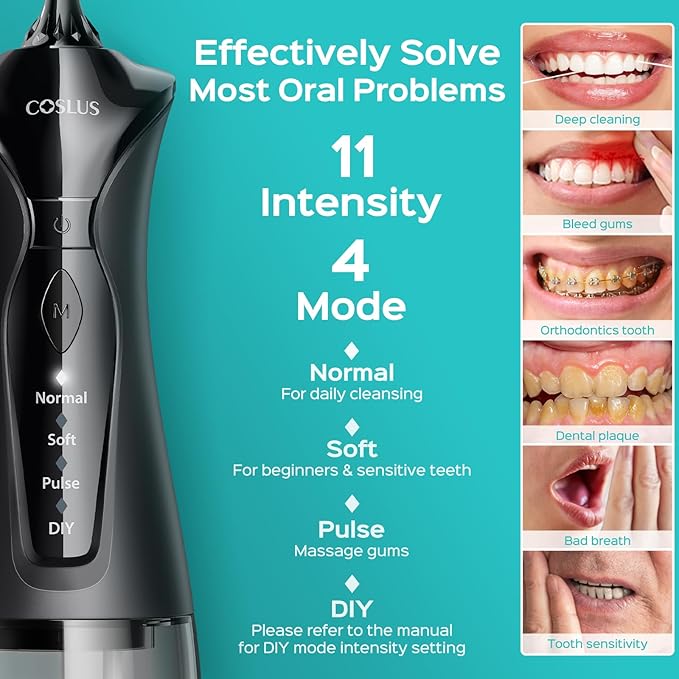 COSLUS 2-Pack C30 Water Flosser for Teeth: Water Dental Pick Set with Refined Packaging for Couples Friends, 3 Modes & 8 DIY Levels for Sensitive Gums & Braces, Ideal for Family Sharing, Black Purple