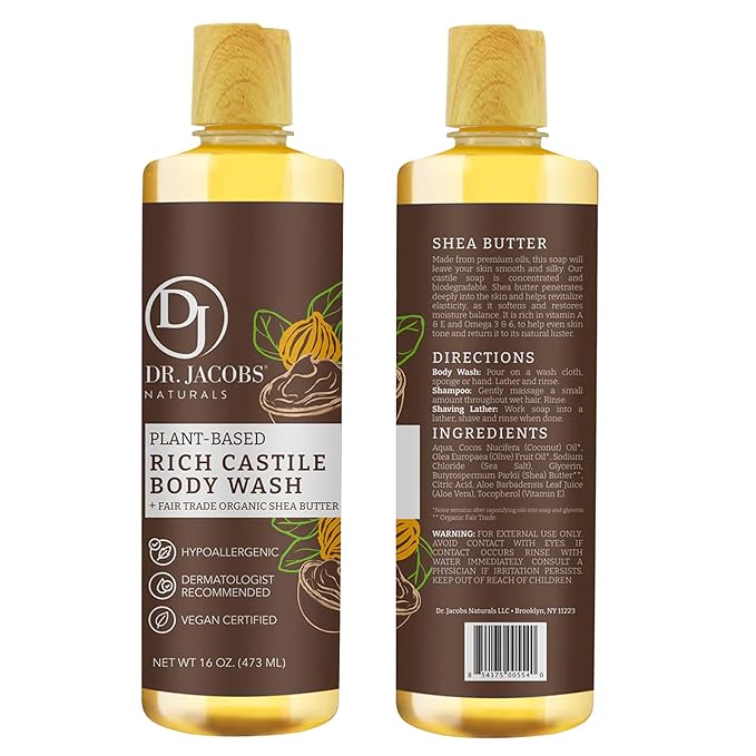 Dr. Jacobs Naturals Pure Castile Soap Liquid Body Wash, Sandalwood - Plant Based Soap Infused with Vitamin E and Aloe Vera to Moisturize Dry and Sensitive Skin - Made in The USA - 16 oz, Pack of 2