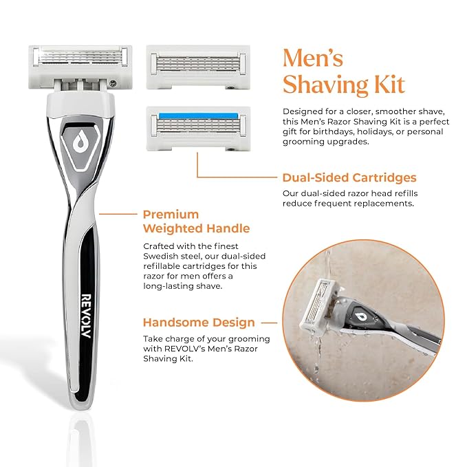 REVOLV - Men’s Razor - 1 Premium Weighted Handle + 1 Dual-Sided Cartridge - For a Closer, Smoother Shave - Safe on Sensitive Skin - Grey
