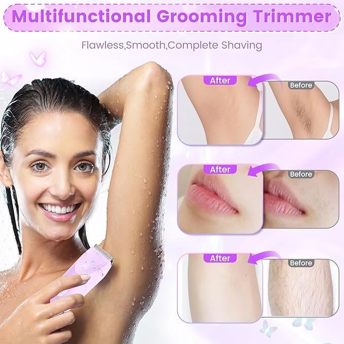 2 in 1 Bikini Trimmer for Women, Dual Head Electric Rozor, Facial Hair Removal, Ipx7 Waterproof Body Shaver for Bikini Face Armpit Pubic Hair Leg Back, Easy Cleaning, Ceramic Blade (Purple)