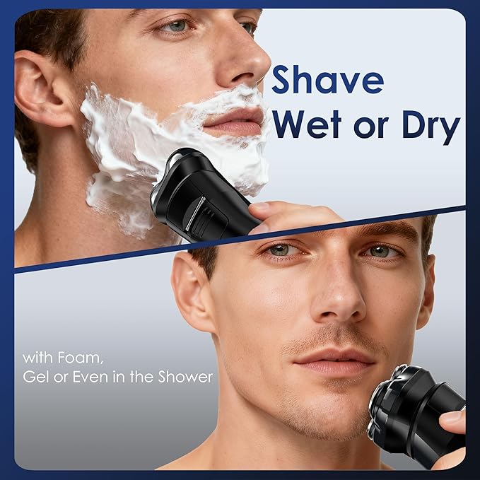Electric Rechargeable Shaver for Men,Wet & Dry Electric Razor, IPX7 Waterproof Rotary Shaver for Men,4D Floating Head, LED Display,Type-C, Travel-Friendly,Grayish Silver