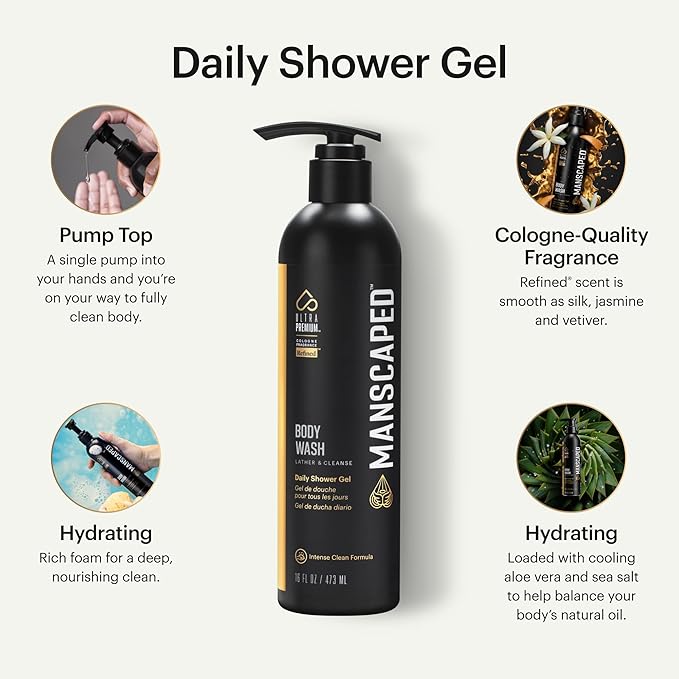MANSCAPED® Men’s UltraPremium Refined® Body Wash, Luxurious Clean Formula Infused with Aloe Vera and Sea Salt, Refreshing and Nourishing Daily Shower Gel for Hydrating Skin, (16 oz)
