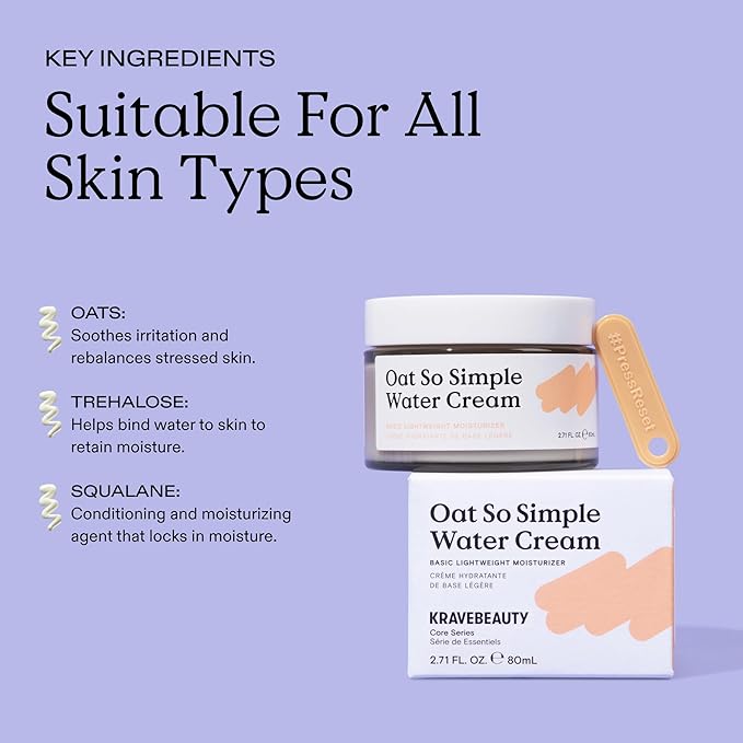 KraveBeauty Oat So Simple Water Cream Moisturizer, Calming, Lightweight Hydrating Gel Face Cream for Sensitive Skin with Oat Extract & Squalane, Fragrance Free, 80 mL