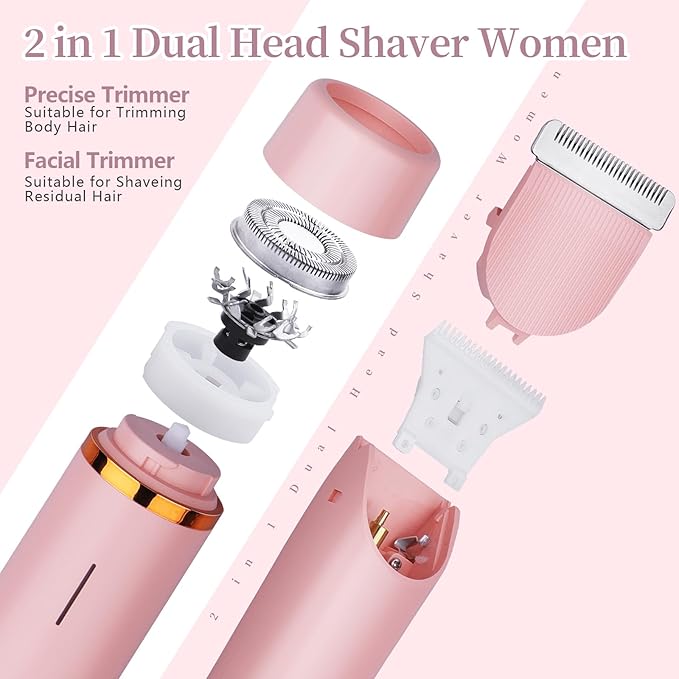 Ladies Electric Razor, 2 in 1 Dual Head Shaver Women, Bikini Trimmer for Women Personal Body Face Leg Arm Hair USB Charge Waterproof Wet and Dry (Pink)