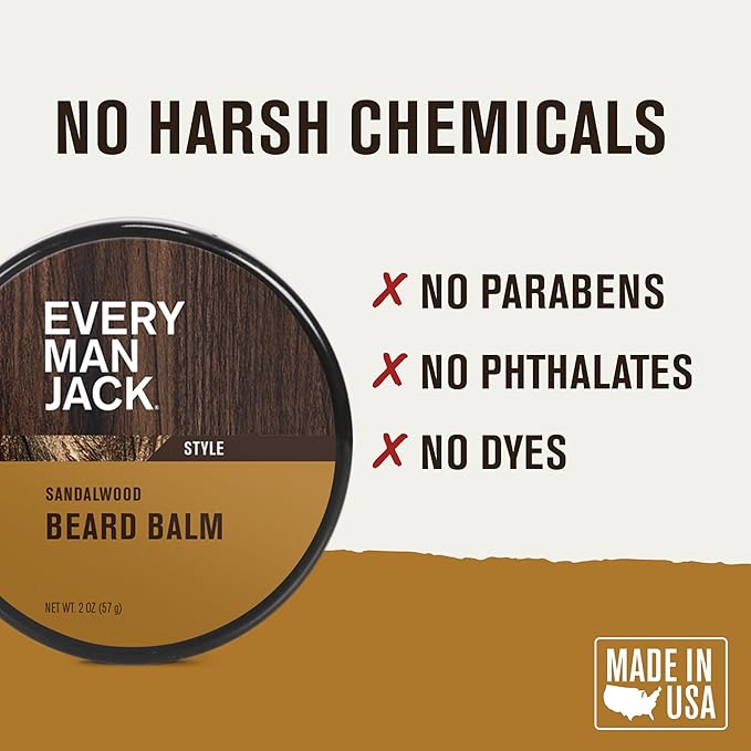 Every Man Jack Beard Styling Balm - Light Sandalwood Scent - Moisturize, Strengthen, & Style Your Beard - Medium Hold - Naturally Derived Ingredients like Candelilla Wax & Shea Butter - 2 oz (2 pack)