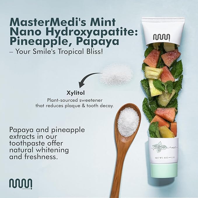 MasterMedi Nano Hydroxyapatite Whitening Toothpaste with Xylitol – Fluoride & SLS Free, Remineralizing Formula for Sensitive Teeth, Enamel Repair & Strength, Magic Mint, 4 oz (Pack of 2)