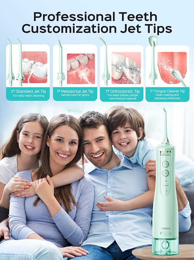 COSLUS E40 Portable Water Flosser for Teeth: 10 Pressure Settings Professional Water Dental Pick for Orthodontic, Braces & Sensitive Gums - Cordless for Travel Use, for Adults Teens, BPA-Free