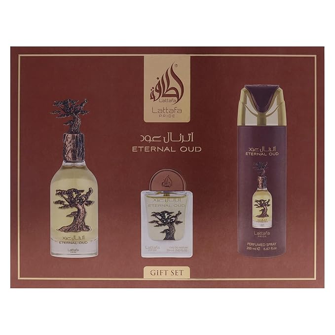 Lattafa Pride - Eternal Oud for Men - 3 Pc Gift Set 3.4oz EDP Spray, 6.67oz Perfumed Body Spray, 0.67oz EDP Spray