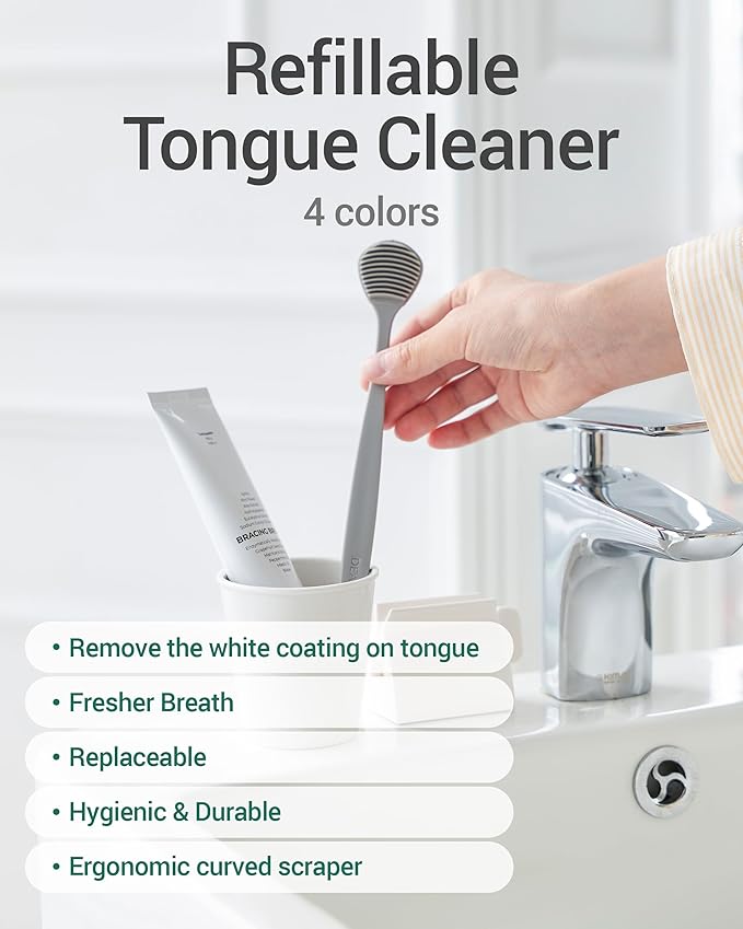 DEARCUS Tongue Scraper with 3 Replaceable Heads for Up to 9 Months - Soft BPA-Free TPE Tongue Cleaner, Designed to Reduce Gag Reflex, Helps Freshen Breath & Remove White Coating (White)