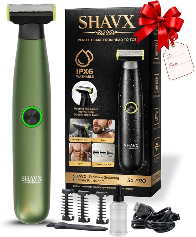 Full Body Shaver for Pubic Hair, Chest & Bikini with Skin-Safe Dual Floating Razor Blades for Sensitive Areas | Rechargeable Waterproof Electric Razor & Beard Trimmer with 3 Combs | Green
