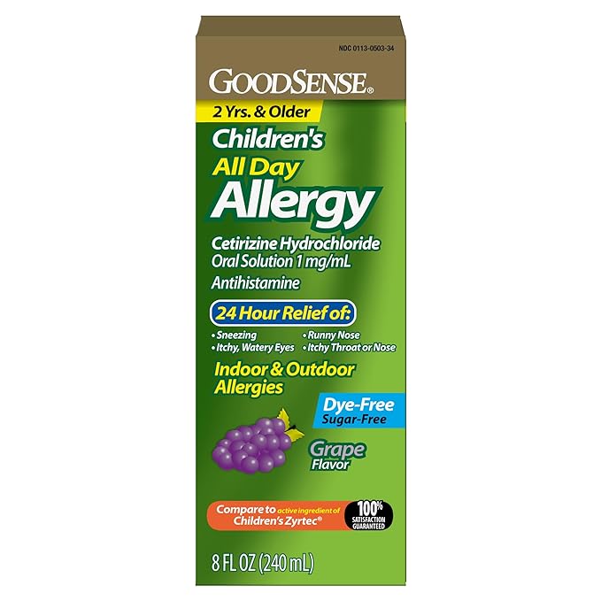 GoodSense Children’s All Day Allergy, Cetirizine Hydrochloride Oral Solution 1 mg/mL, Grape Flavor, 8 Ounces