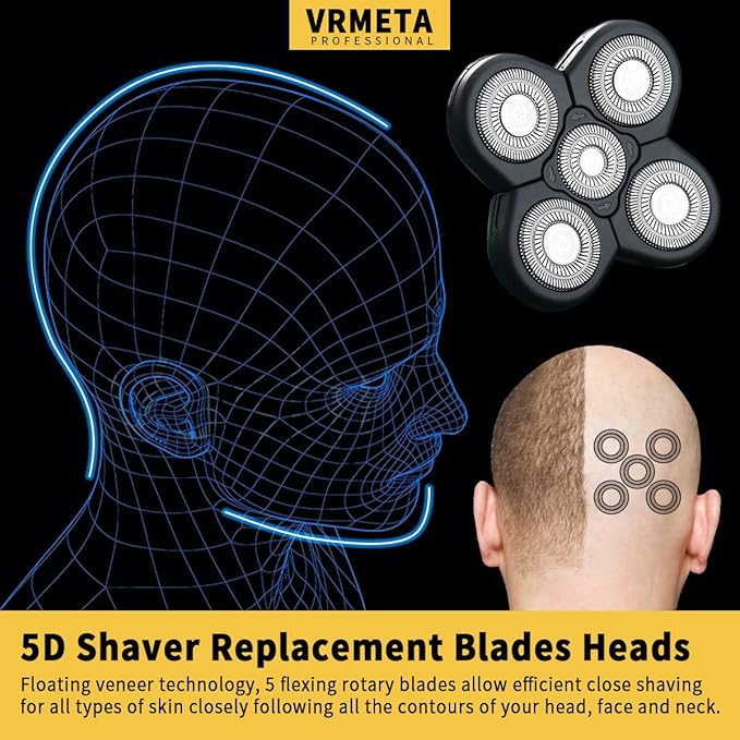Men's Electric Shaver Replacement Heads 5D Sharp Stainless Steel Floating Shaver Blades (5 Heads, Black)