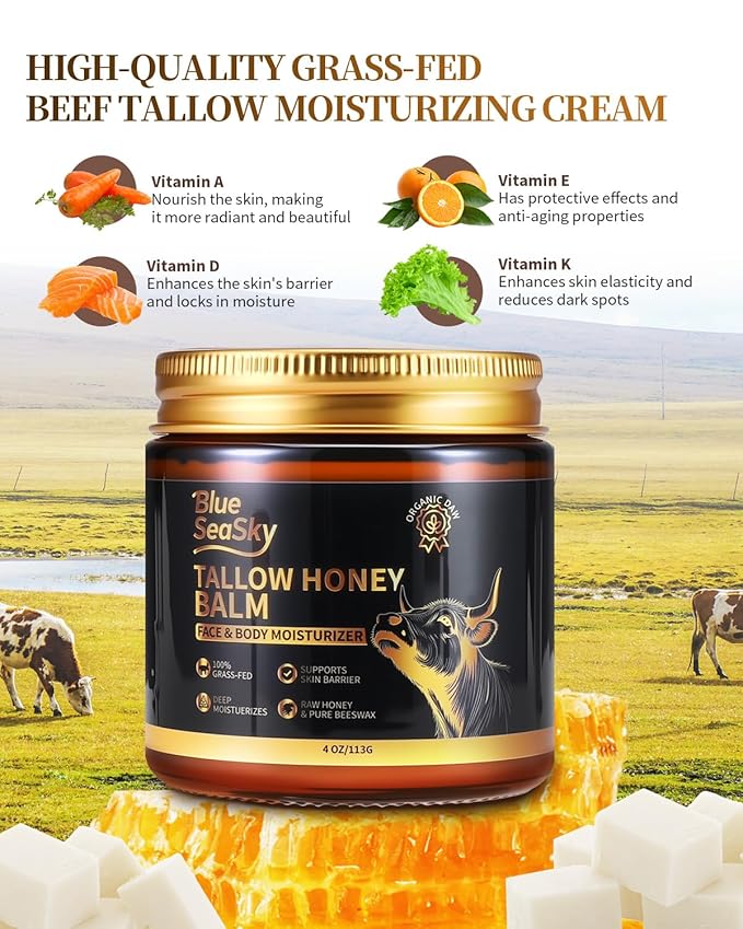 Organic Beef Tallow for Skin Grass-Fed Tallow Balm with Raw Wild & Honey Tallow Moisturizer for Eczema & Rosacea，Non-Comedogenic,Beef Tallow for Face Dry Sensitive Skin,4oz-Unscented- Jojoba Oil