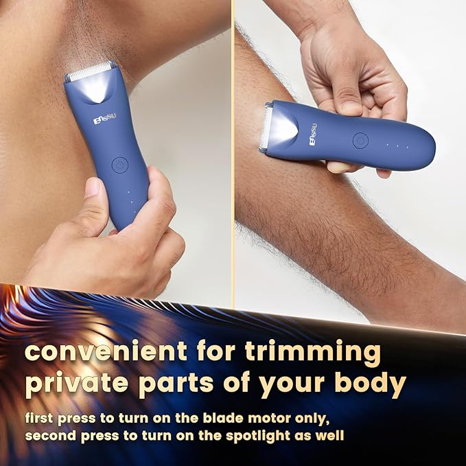 Electric Body Hair Trimmer for Men with Extra Skin-Safe Ceramic Blade, Ball Shaver Groomer w/LED Light& Charging Dock, Pubic Groin Hair Trimmer Male Razor Waterproof (Blue-with Charging Light)