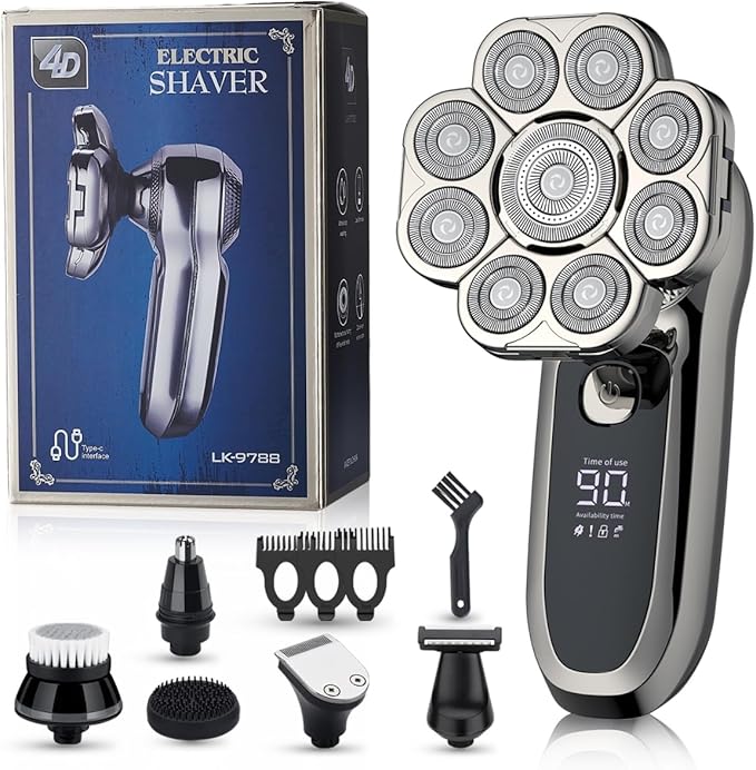 9 Floating Heads Detachable Head Shavers,6 in 1 Electric Razor IPX6 Waterproof for Bald Men, Wet Dry Mens Grooming Kit,LED Display Rechargeable 9D Rotary Shaver Grooming Kit with Type-C Charge