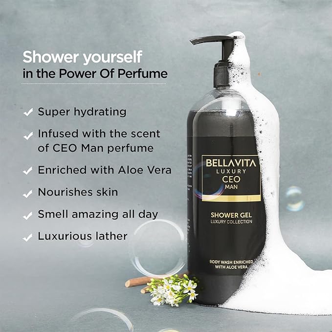 Bella Vita Luxury CEO MAN Body Wash Refreshing Shower Gel for Deep Cleansing, Hydrating & Moisturising Skin with Aloe Vera & Charcoal Powder 500 Ml